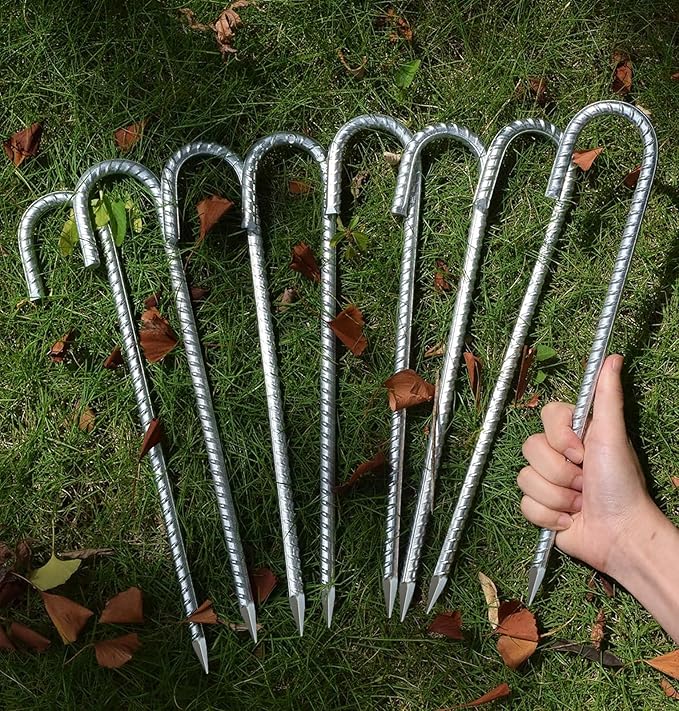 AAGUT 12 Inch Rebar Stakes J Hook 16 Pcs 3/8" Chain Link Fence Stakes Heavy Duty Galvanized Steel Tent Stakes Ground Anchors for Hard Firm Soil, Silver