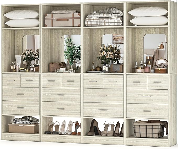 Unikito 100 Inch Closet System with Drawers, 8FT Wood Closets Organizer with Mirror Design, Freestanding Heavy Duty Walk in Closet Towers for Bedroom, Easy Assembly, Max Load 2000 LBS, White Oak