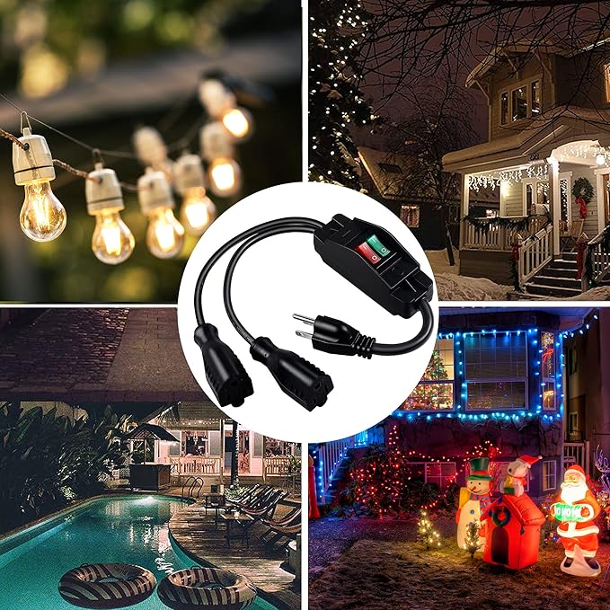 2 Way Extension Cord with On/Off Switch, 3 Prong Outdoor Extension Cord Splitter, Heavy Duty SJTW 14AWG 15A/125V and 18AWG 10A/125V Power Cord (1.6 Ft, Black)