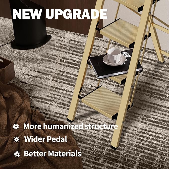 5 Step Step Ladder,Lightweight Folding Step Stool with Anti-Slip Aluminum Wide Pedal&Convenient Handgrip,Steel Ladder for Household and Office(Gold)