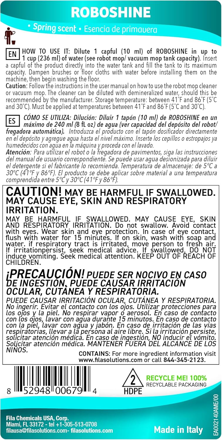 FILA Surface Care Solutions, ROBOSHINE, Detergent for All Robot Vacuum and Mop Combo and Wet Dry Vacuum Cleaner, Up to 100 Washes, Hard Floor Cleaner Mop Liquid for All Floor Tiles, 1Qt