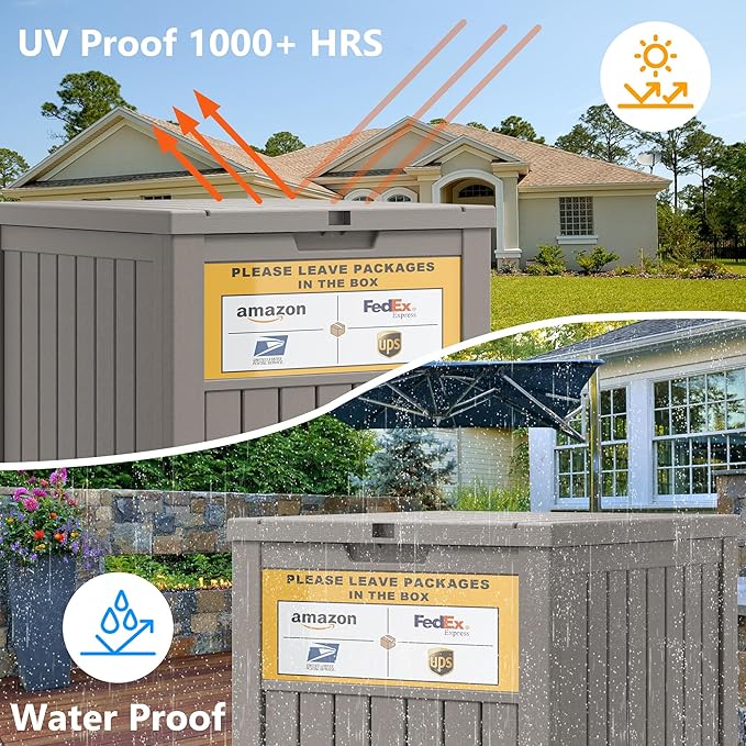 Upgrade 48 Gallon Package Delivery Box for Porch with Sign, Outdoor Storage with Lockable Secure, Large Double Wall Resin Outdoor Package Delivery and Waterproof