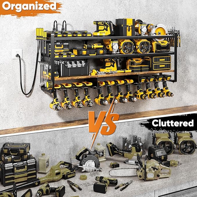49.5" W Large Power Tool Organizer with Charging Station, 4-Layer Heavy Duty Utility Rack Loads 600lbs, Holds 8 Cordless Drills, Wall Mount Tool Shelf with 8-Outlet Power Strip, Gift for Men