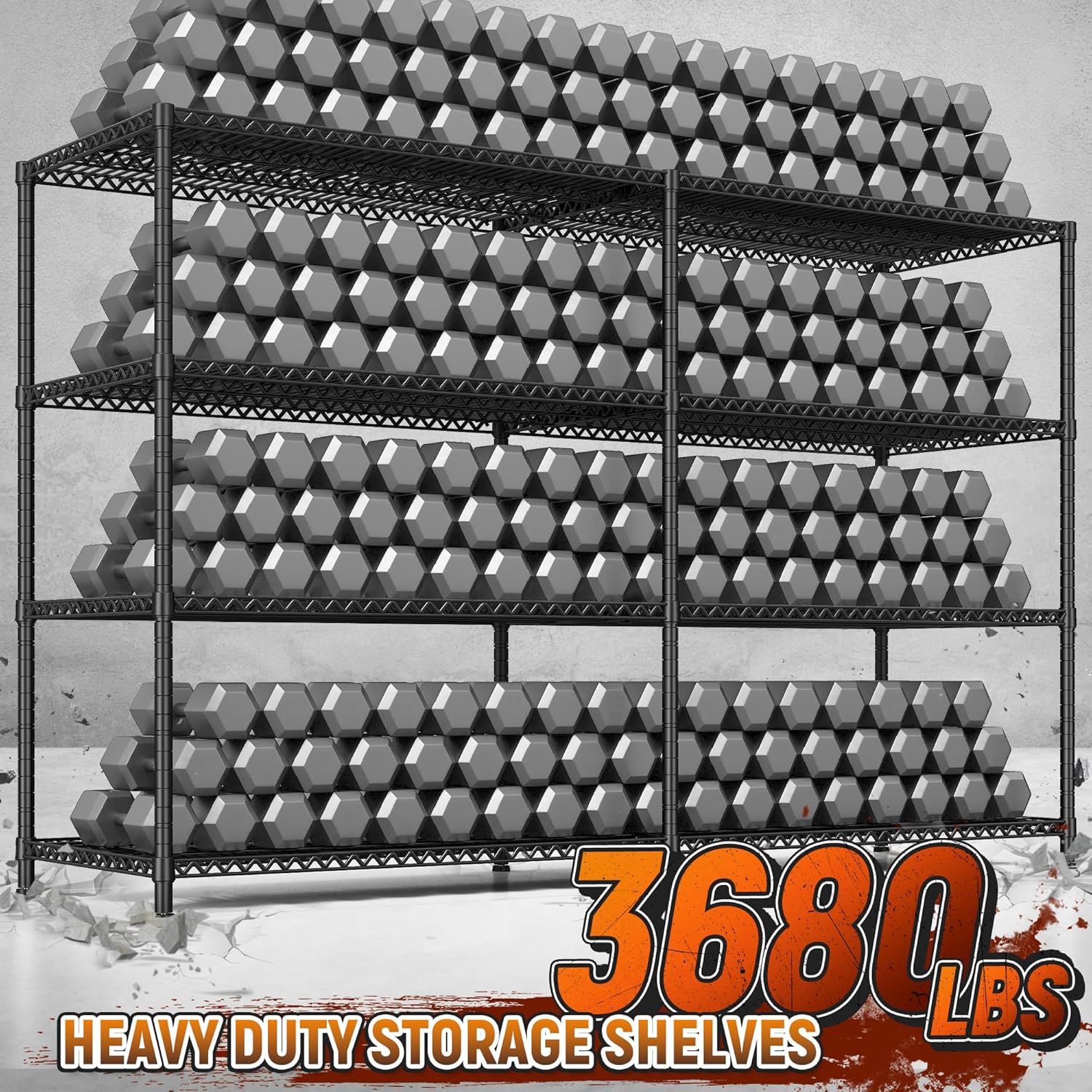 REIBII 81.5''W Storage Shelves 3680LBS Garage Shelving Heavy Duty 4 Tier Metal Shelving Unit Adjustable Wire Shelf and Storage Pantry Shelves for Kitchen Garage，81.5Wx23.62Dx70.86H，Black