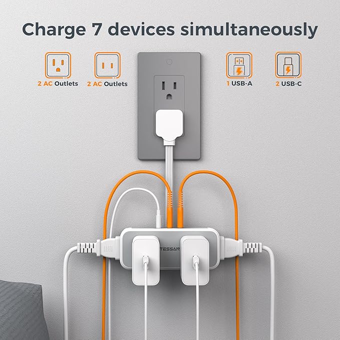 Short Extension Cord 6 inch, TESSAN Flat Plug Power Strip with 4 AC Outlets 3 USB (2 USB C) Ports, Small Charging Station for Cruise Ship Travel, Desk Organizers for Home Office Dorm Room Essentials