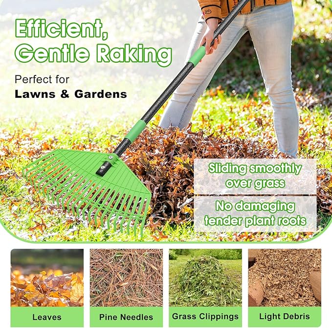 Garden Leaf Rake,16.5” Wide Plastic Leaf Rake for Lawn with 30” Long Handle, Plastic Yard Raking Tools for Lawn Turf Leaves Grass Thatch Debris Pine Needle Cleanup, Lightweight for Kids