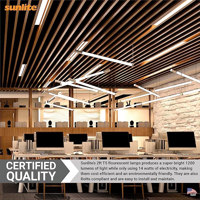 Sunlite 30300 F14T5/830 2 Foot T5 Linear Fluorescent Lamp, 14 Watts, 1200 Lumens, 3000K Warm White, Miniature G5 Bi-Pin Base, ROHS Compliant, High Performance Straight Tube, 40 Pack