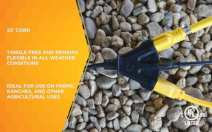 Southwire AgriPro Medium Duty Extension Cord - 14/3 Gauge - Tri-Tap Outlets - Water Resistant Vinyl Jacket - Flexible All-Weather Cord - UL Listed - 25 Foot