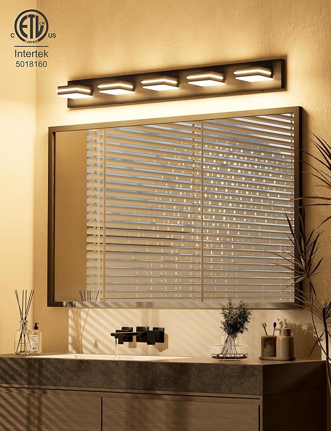 VOLISUN 5CCT Bathroom Light Fixtures Over Mirror, Dimmable, 360°Rotatable Head, 40 inch, 5 Light Bathroom Vanity Light Fixtures, Black LED Vanity Lights for Bathrooms-ETL Certificated