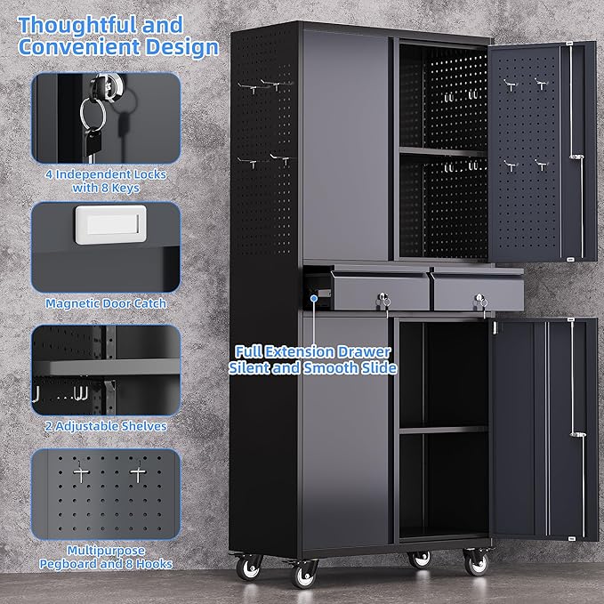 Metal Garage Storage Cabinet with 2 Drawers and 2 Adjustable Shelves, Rolling Tool Storage Cabinet with Wheels and Locking Doors for Garage, Warehouse, Black and Dark Gray