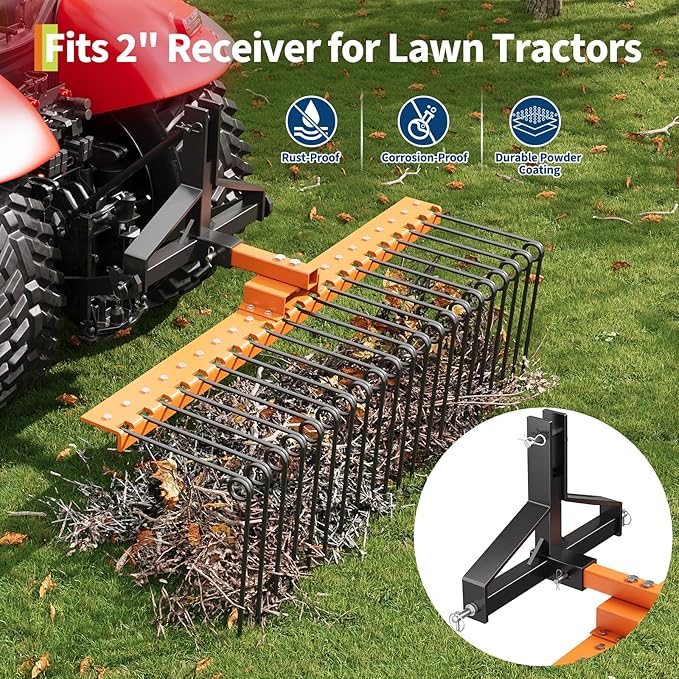 Tow Behind Landscape Rake, 48" Tow Dethatcher with 17 Steel Coil Tines, Lawn Dethatcher Rake Attaches to 48" or 60" Toolbars and 3-Point Suspension Systems, for Leaves, Pine Needles, and Grass, Orange