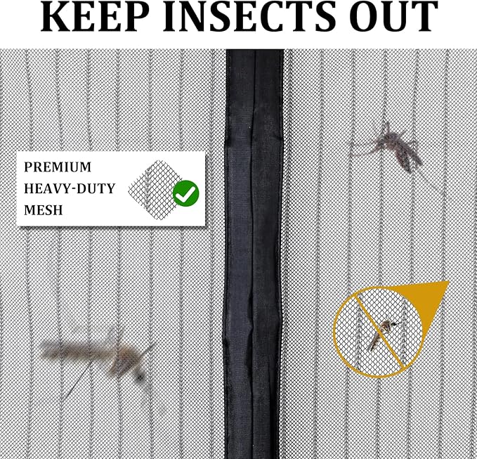 Magnetic Screen Door - Self Sealing, Heavy Duty, Hands Free Mesh Partition Keeps Bugs Out Let Breeze in- Pet and Kid Friendly - Keep Open Feature (Black, Fit Door Size 36 x 96 Inch)