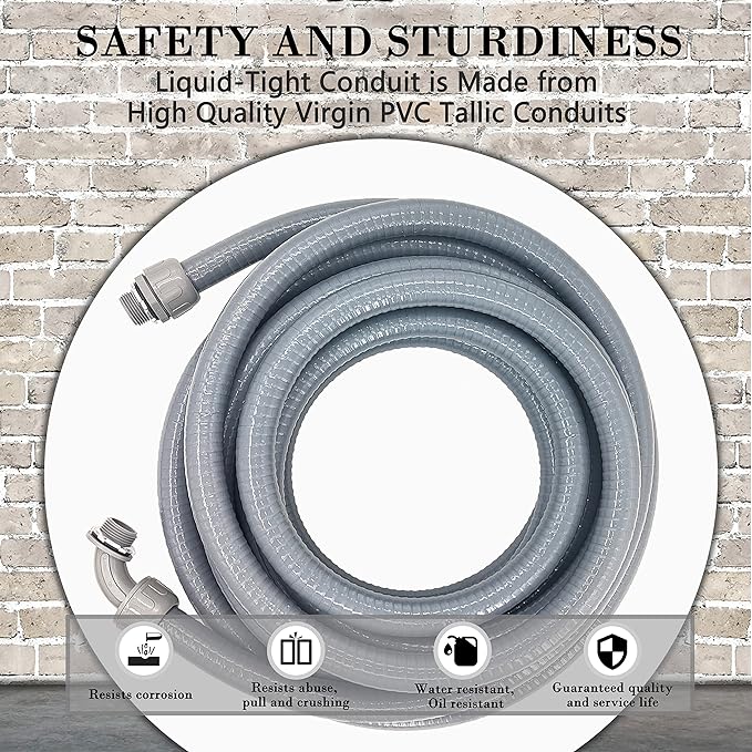 50 Foot Liquid-Tight Conduit Kit - 1/2inch Flexible Non Metallic Liquid Tight Electrical Conduit and 5 Straight and 4 Angle Fittings Included. 1/2" Dia