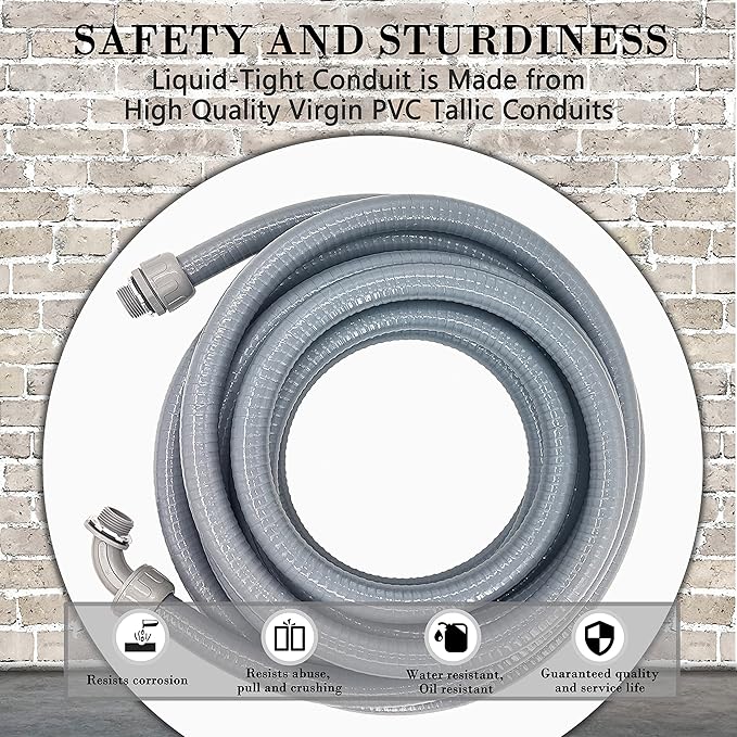 3/4inch 50 Foot Liquid-Tight Conduit Kit, Flexible Non Metallic Electrical Conduit and Connector Kit, With 5 Straight and 4 90-Degree Angle Connector Fittings