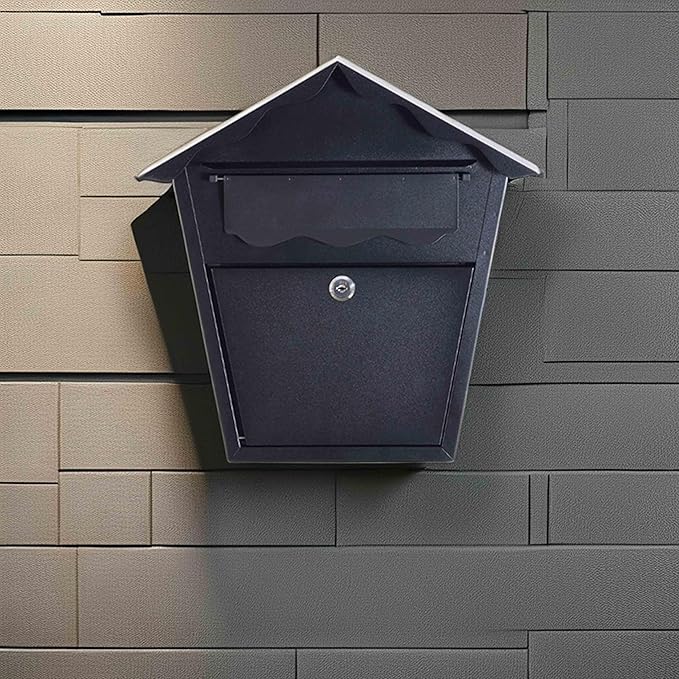 Wall Mount Locking Mailbox - Black Horizontal Triangular Security Mailbox - Waterproof Vertical Drop Mail Box Outdoor with Key