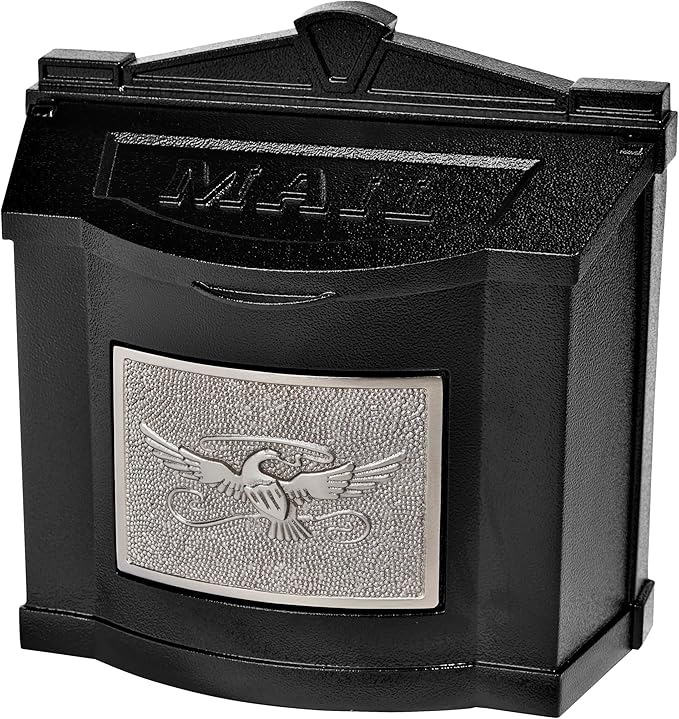 Gaines Wallmount Mailbox - Powder Coated Aluminum with Solid Brass Accents - Mounting Hardware Included (Black with Satin Nickel Eagle)