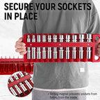 Magnetic Socket Organizer Set, 3-Piece Red Portable Magnetic Socket Holder Tray, Heavy Duty Socket Racks For 1/2-inch& 3/8-inch& 1/4-inch Drive, Hold 76 Sockets - Fit Shallow&Deep Sockets