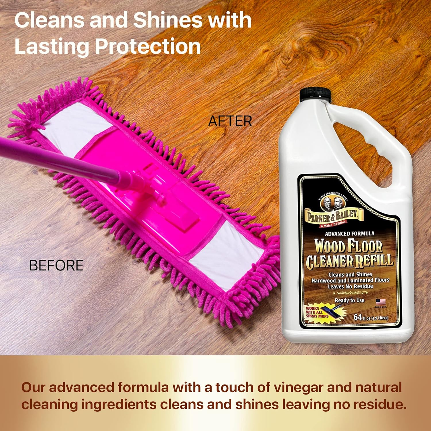 PARKER & BAILEY WOOD FLOOR CLEANER – Use on Hardwood, Laminated or Faux Finished Floors. Shine Restorer Protector, Surface Cleaner Supplies Home Improvement, Natural Look, Cuts Grease, 64oz