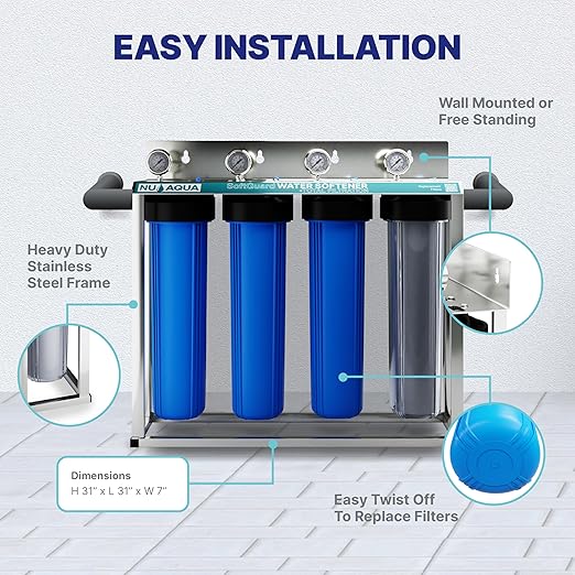 NU Aqua 4 Stage Salt Free Water Softener Whole House Water Filter System with Total Filtration - Includes Sediment, Heavy Metal KDF GAC, SoftGuard, Carbon Block Filters