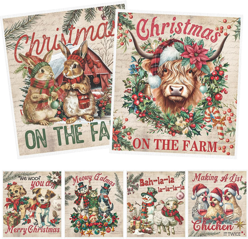 Christmas Swedish Dishcloths for Kitchen, 6 Pack Vintage Farm Animals Reusable Paper Towels Housewarming Gifts for Women, Xmas Absorbent Dish Rags for Home Cleaning