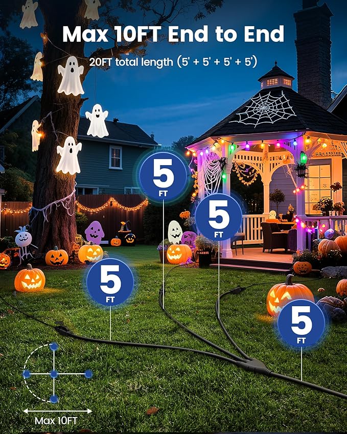 SURAIELEC Outdoor Extension Cord with Multiple Outlets,1-3 Multi Plug Splitter, (5+5+5+5) 20FT Total, 10FT End to End, 16/3C SJTW, for Landscape, Christmas Lights, Halloween Decorations, Black