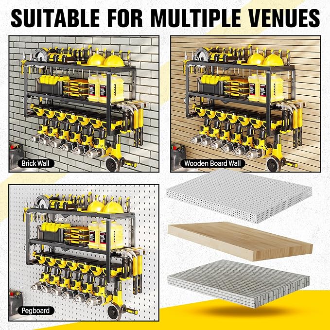 Power Tool Organizer Wall Mount - 300Lbs Load 3 Layers Storage Rack with 7 Drill Holders for Drills Cordless Tools. Heavy Duty Iron Garage Tool Organizer Storage for Workshop Shed Pegboard Basement