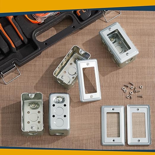 4 Set 8 Pcs 4 x 2'' Electrical Junction Box with Cover 1-7/8" Deep Electrical Box Metal Outlet Box, Receptacle Exposed Work Cover, Ten 1/2'' Knockouts, Drawn Construction, Silver(GFCI)