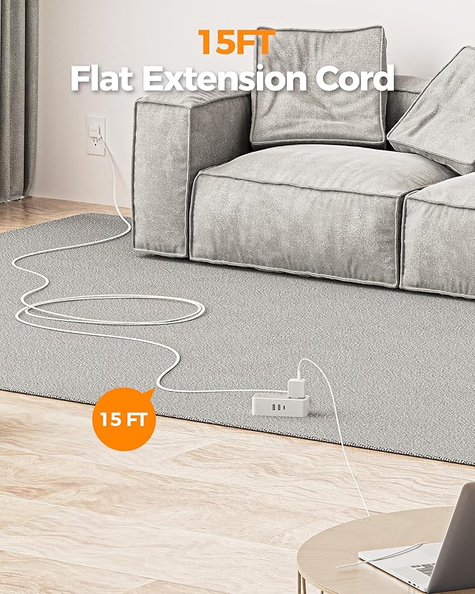 Flat Extension Cord 15 FT, TESSAN Surge Protector Power Strip with 4 AC Outlets 1 USB C and 2 USB A Ports, 900 Joules Protection, Multiple Wall Plug Outlet Extender Suitable for Home Office Dorm