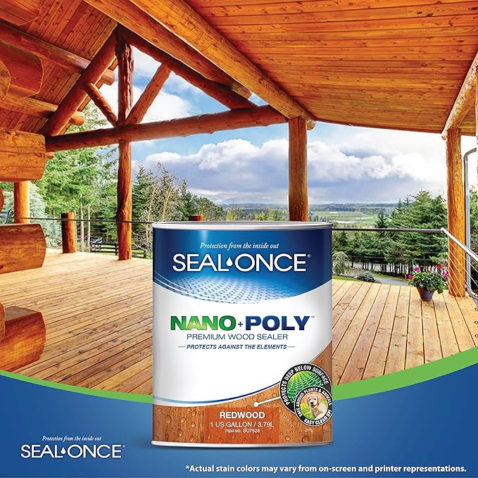 Seal-Once Nano+Poly Penetrating Wood Sealer with Polyurethane - Premium Waterproof Sealant -1 Gallon & Redwood