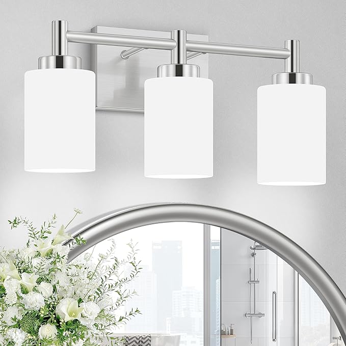 3-Light Brushed Nickel Bathroom Light Fixtures Over Mirror, Rustproof Brushed Nickel Vanity Light, Modern Bathroom Vanity Lights with Milky White Glass Shades, Wall Sconces for Bathroom Lighting