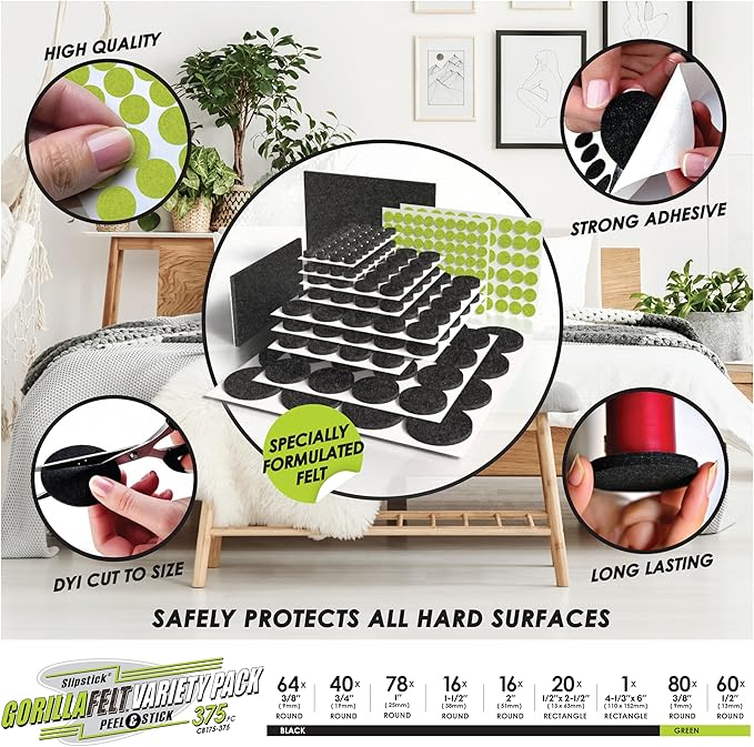Slipstick Gorilla Felt Furniture Pads (375 Piece Variety Pack) Premium Furniture Pads & Chair Leg Floor Protectors for Hardwood Floors & Hard Surfaces
