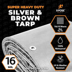 18' x 24' Super Heavy Duty 16 Mil Silver/Brown Poly Tarp Cover - Thick Waterproof, UV Resistant, Rip and Tear Proof Tarpaulin with Grommets and Reinforced Edges - by Xpose Safety