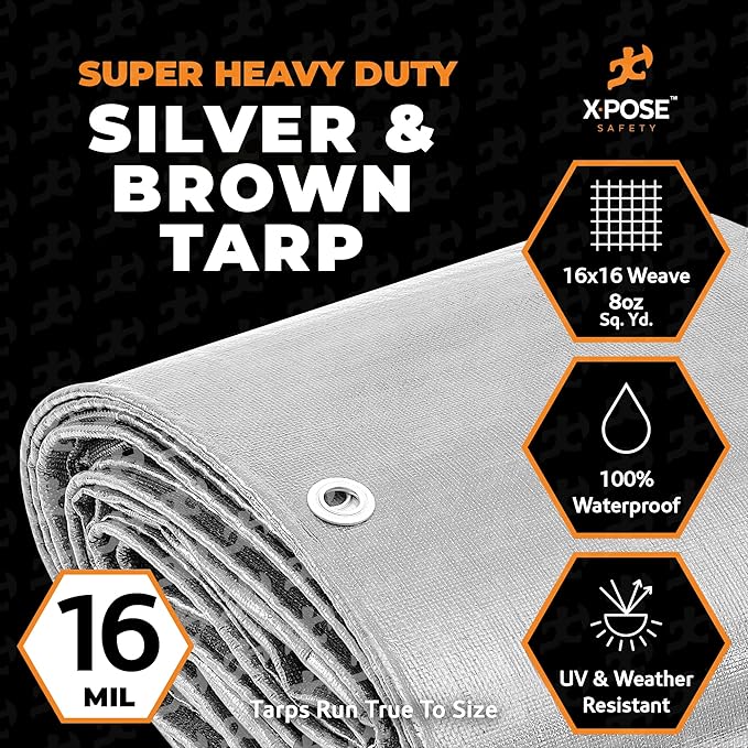 30' x 30' Super Heavy Duty 16 Mil Silver/Brown Poly Tarp Cover - Thick Waterproof, UV Resistant, Rip and Tear Proof Tarpaulin with Grommets and Reinforced Edges - by Xpose Safety
