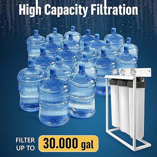 3 Stage High Capacity 20” White Whole House Water Filter System, Freestanding Steel Frame, Sediment, GAC+KDF & Carbon Cartridges, Presser Relief Button, 1” Brass Port, Pressure Gauges, Double O-Ring