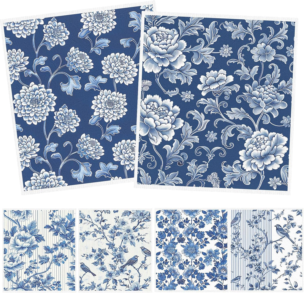 Blue Floral Swedish Dishcloths for Kitchen, 6 Pack Reusable Dish Paper Hand Towels Housewarming Gifts, Absorbent Dish Rags for Home Cooking Cleaning