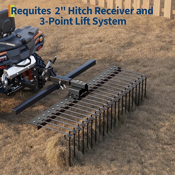 Tow Behind Landscape Rake, 48" Tow Dethatcher with 17 Steel Coil Tines, Lawn Dethatcher Rake Attaches to 48" or 60" Toolbars and 3-Point Suspension Systems, for Leaves, Pine Needles, and Grass, Black