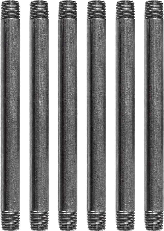 PIPE DÉCOR 1/2” x 10” Malleable Cast Iron Pipe Nipple, Pre Cut Connectors, Industrial Steel Grey Fits Standard Half Inch Black Threaded Pipes Nipples and Fittings, Build Vintage DIY Furniture, 6 Pack