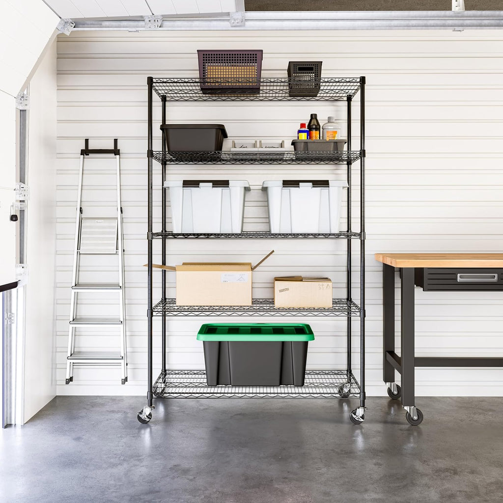 Seville Classics UltraDurable Heavy Duty NSF Solid Steel Wire Rack Storage Unit, Organizer for Garage, Warehouse, Office, Restaurant, Classroom, Kitchen, Black, 5-Tier Shelving, 48" W x 24" D