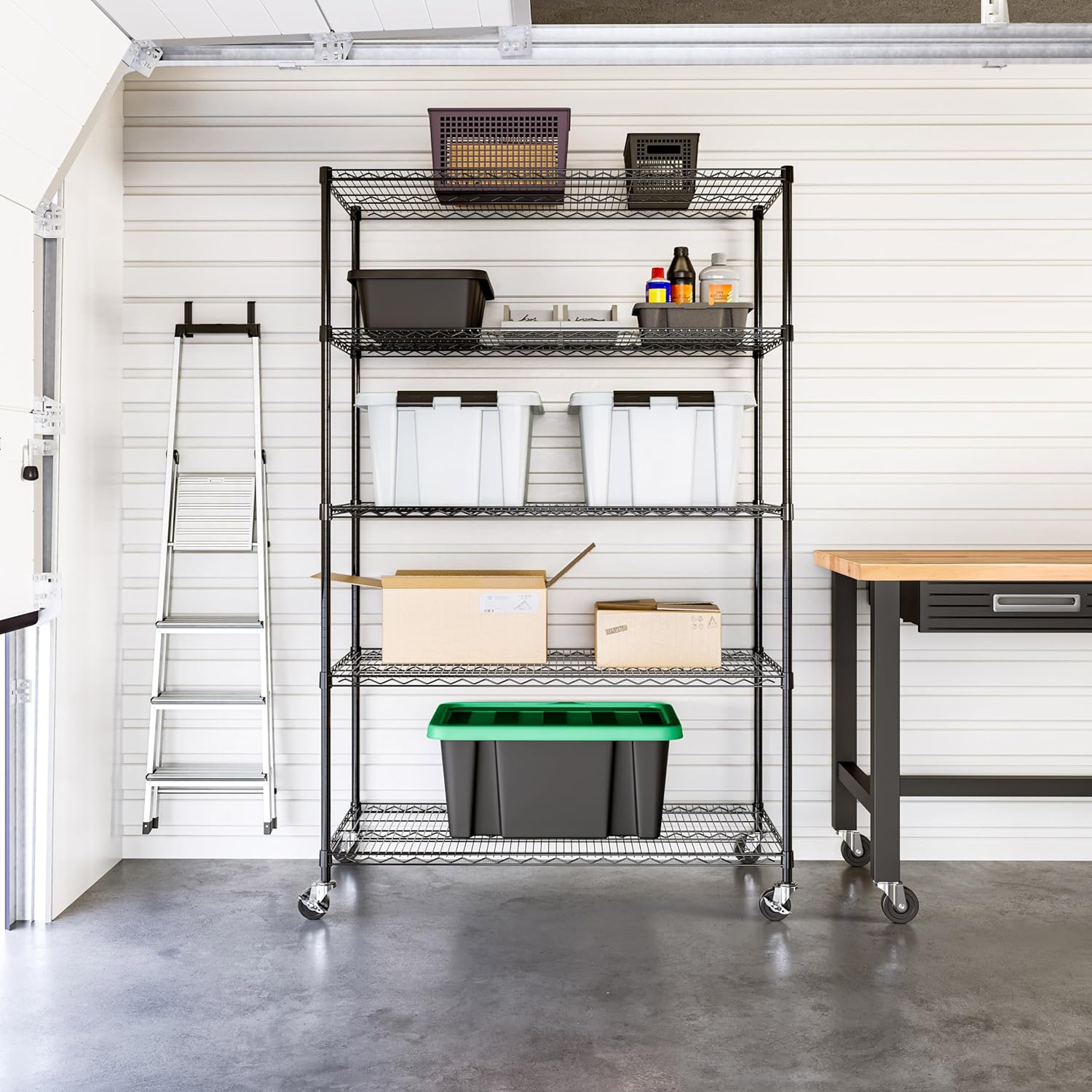 Seville Classics UltraDurable Heavy Duty NSF Solid Steel Wire Rack Storage Unit, Organizer for Garage, Warehouse, Office, Restaurant, Classroom, Kitchen, Black, 5-Tier Shelving, 48" W x 24" D