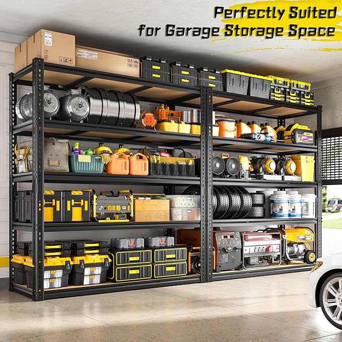 2800LBS Garage Shelving Heavy Duty 5 Tier Garage Storage Shelves, Adjustable Metal Shelving Unit Utility Rack Shelf for Warehouse, Pantry, Closet, Kitchen 72" H x 48" W x 18" D, Black，2PCS