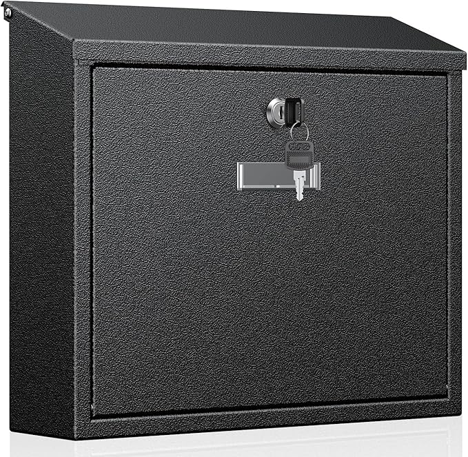 Uniclife Wall Mount Mailbox for Outside, Large Locking Mailbox with Key Lock, Security Mail Box, Postbox for House, Safe Key Drop Case, Steel Cash Drop Case for Home Office School, Black