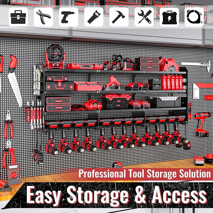 Large Power Tool Organizer Wall Mount-12 Drill Holder, Metal Heavy Duty Garage Tool Storage Shelves with Screwdriver Plier Holder, Gifts Idea for Men Dad Husband