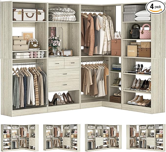 Unikito 110” Closet System with Drawers, 9.3FT Corner Closet Organizer with 4 Hanging Rod, Reversible Large Wood L Shaped Walk in Closets Wardrobe with Shoe Shelves, Set of 4, White Oak