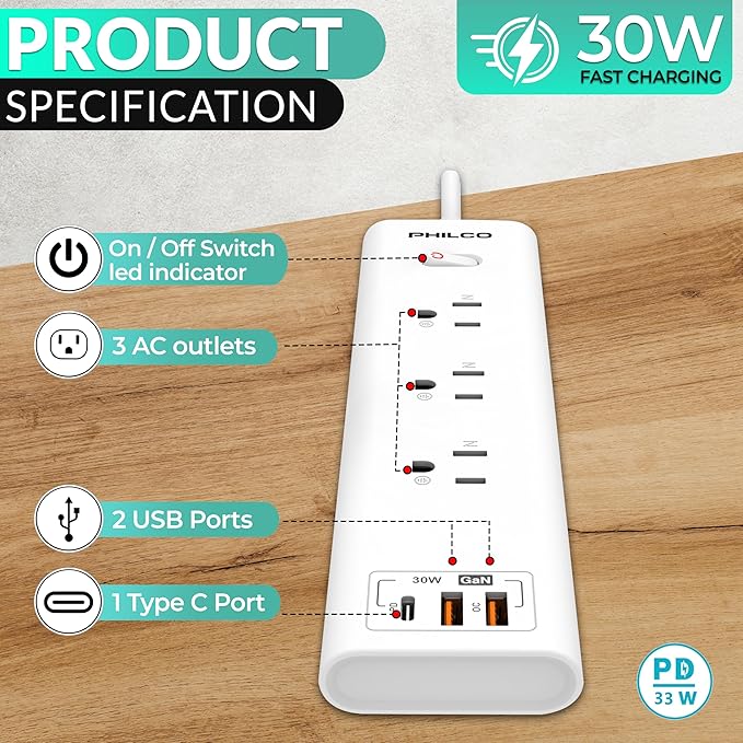Power Strip with 3 AC Outlets, 30W USB-C Port, 2 USB-A Ports & 6ft Extension Cord – LED Indicator, Fast Charging for Laptops, Phones & More – Compact Design for Home, Office & Travel
