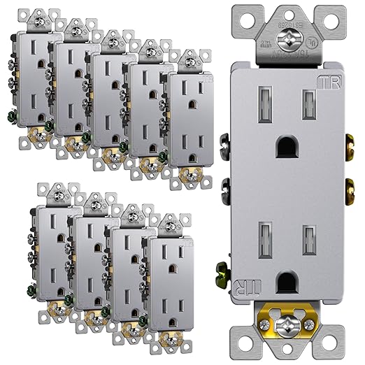 ENERLITES Elite Series Decorator Receptacle Outlet Child Safe Tamper-Resistant, Gloss Finish, Self-Grounding, 2-Pole, Residential Grade, 15A 125V, UL Listed, 61501-TR-SV-10PCS, Silver (10 Pack)
