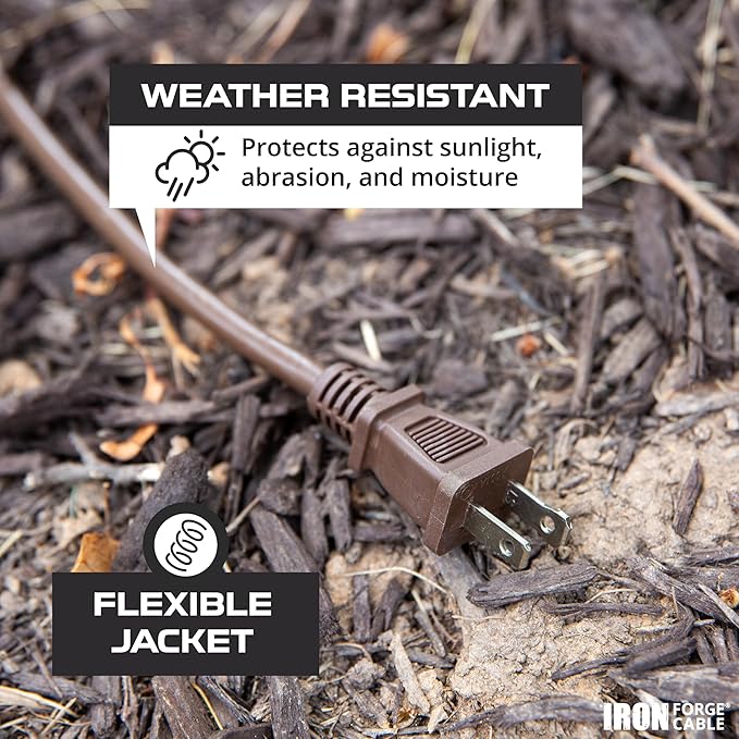 Iron Forge Cable 2 Prong Outdoor Extension Cord 50 ft, 16/2 SJTW 50 Foot Brown Extension Cord, Weatherproof - Great for Outdoor Lights, Deck, Patio