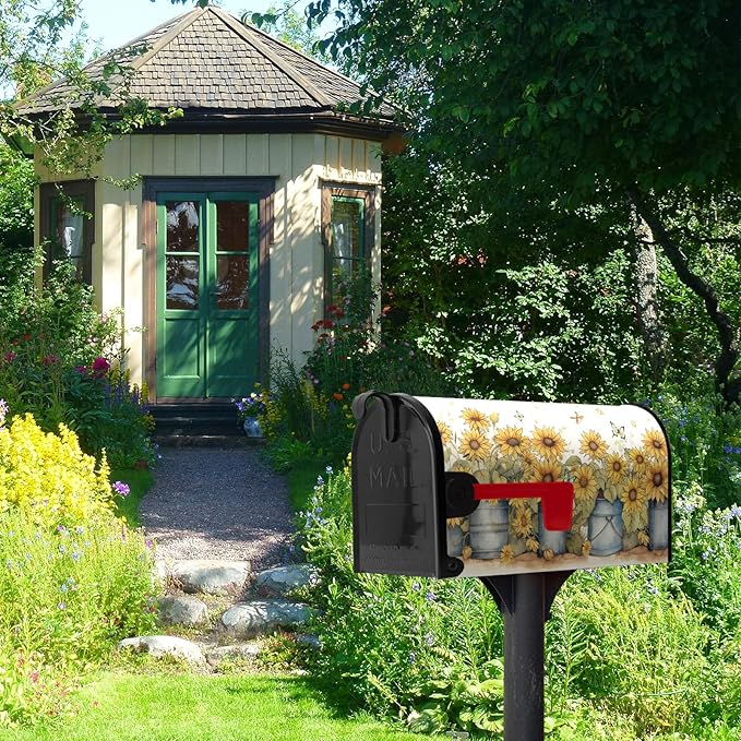 Summer Sunflower Mailbox Covers Magnetic Large Size Yellow Flowers Mailbox Post Cover Oversized Spring Floral Mailbox Wraps Mailbox Decor Waterproof for Garden Yard 21x25.5 Inch