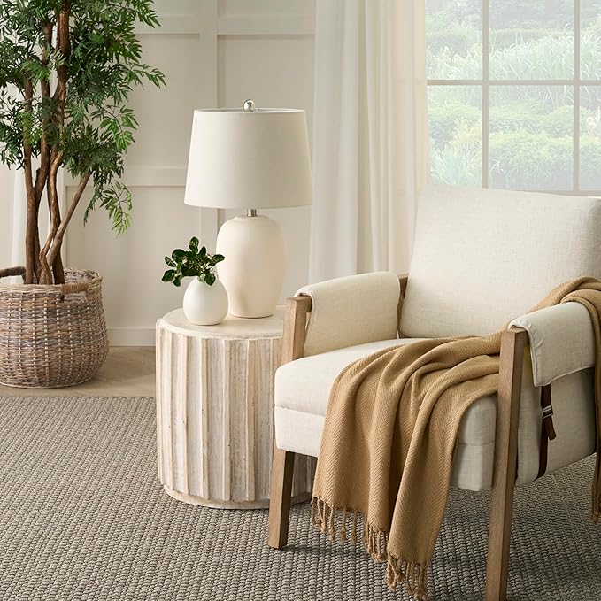 Nourison Home 23" Natural White Ceramic Jar Table Lamp for Bedroom, Living Room, Dining Office, with Off-White Shade