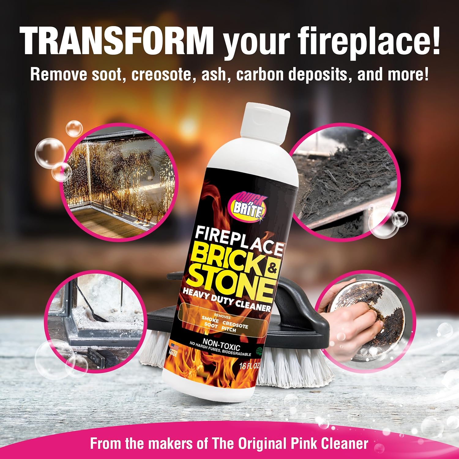 Quick N Brite Fireplace Gel Cleaner with Scrub Brush for Brick, Stone, Rock, Tile, and Marble, Nonabrasive Fireplace Cleaner, Made in the USA, 16 oz