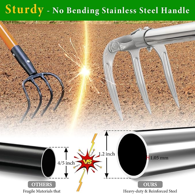 Garden Hand Cultivator Rake: 50inch Long Handle Hoe Garden Tool with Ergonomic D Grip, Heavy Duty Iron 3-Tine Tiller Rakes for Gardening,Cultivating, Planting, Digging, Weeding